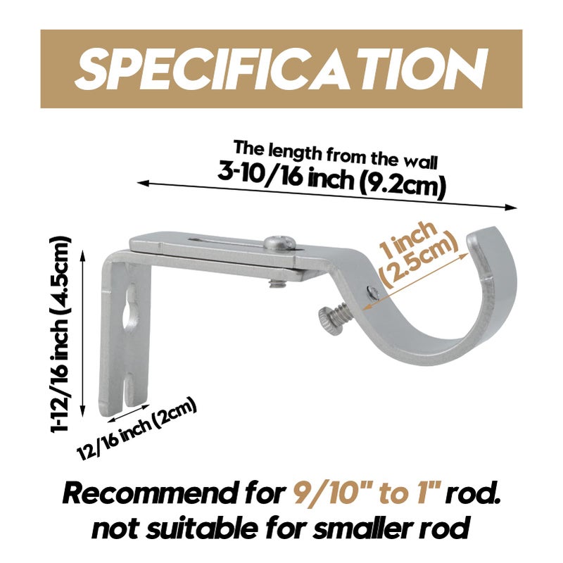 AddGrace Adjustable Curtain Rod Bracket Fits up to 1 inch Curtain Rod Sturdy Premium Brackets for Wall Set of 6 Silver - Image 2